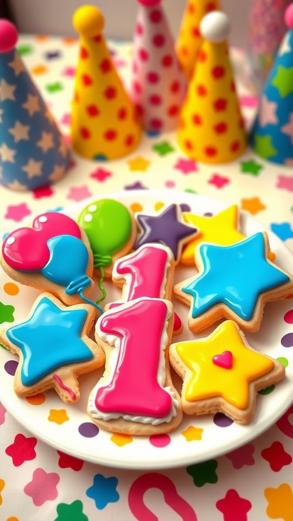 Festive birthday cookies decorated for a 1st birthday party, featuring colorful icing and fun shapes.
